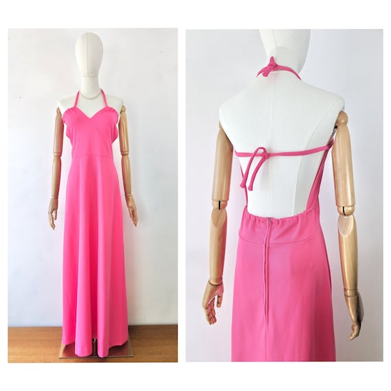 1970s Neon Pink Backless Halter Neck Maxi Dress * Vintage