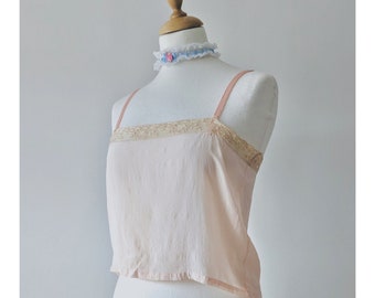 1920s Silk & Lace Cami Top * Antique Pale Pink Cropped Cami Top * 1920s Underwear * Pink Silk Top Coquette * Vintage Bra Top