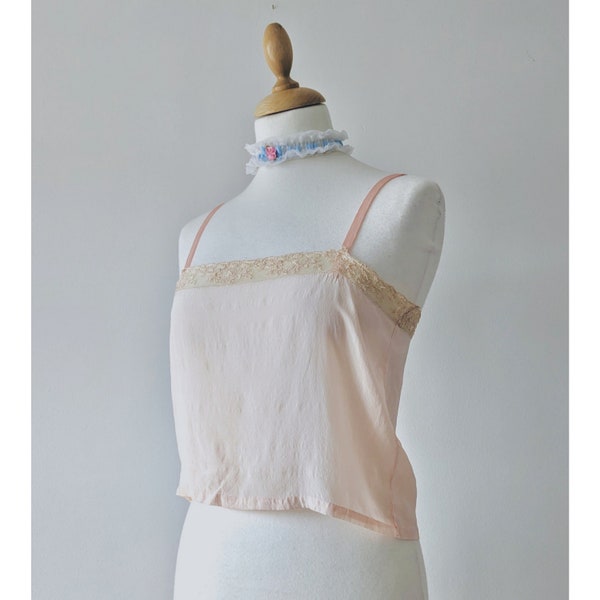 1920s Silk & Lace Cami Top * Antique Pale Pink Cropped Cami Top * 1920s Underwear * Pink Silk Top Coquette * Vintage Bra Top