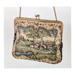 Vintage Tapestry Bag on Dainty Chain featuring an Italian Countryside Scene * Vintage Tapestry Embroidered Bag with Medieval Italy Village