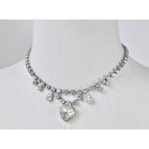 Vintage Heart Rhinestone Necklace * Vintage Heart Necklace * Vintage Silver Diamanté Necklace * Diamante Choker with Heart Pendant