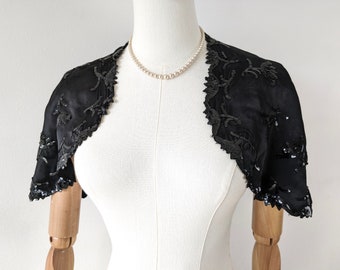 Victorian Mourning Caplet with Sequin Lilies * Edwardian Caplet * Antique Black Cape * Gothic Bride Wrap Coverup * Gothic Capelet Cape