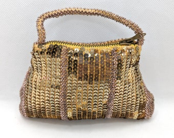 1920s Art Deco Gold Flapper Bag * Antique Gold Sequin Purse * 1930s Gold Evening Bag * 1920s Gold Bag * Antique Rose Gold