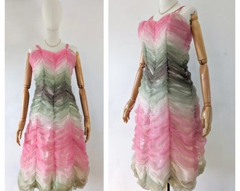 Vestido de fiesta de gasa de sandía de la década de 1960 * Vestido de verano de gasa rosa de la década de 1950 * Vestido de gasa fruncido rosa vintage * Vestido vintage rosa y verde