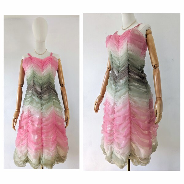 1960s Watermelon Chiffon Party Dress * 1950s Pink Chiffon Summer Dress * Vintage Pink Ruched Chiffon Dress * Vintage Pink and Green Dress