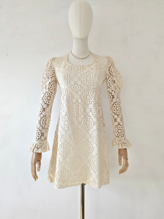 1960s Cream Lace Mini Dress * 1960s White Hippie … - image 2