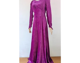 1930s Magenta Pink Velvet Art Deco Evening Gown