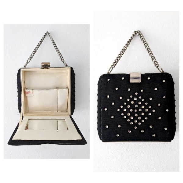 1940s Diamanté Minaudière Compartment Box Bag * Vintage Black and Diamante Bag Purse * Vintage Minaudière Purse * Vintage Black Box Bag