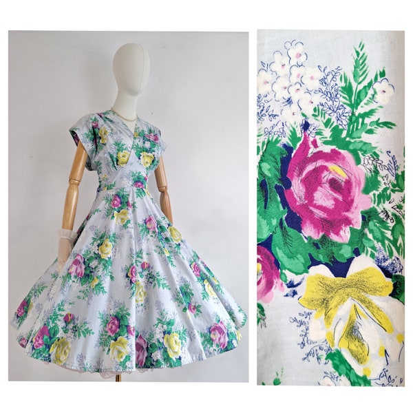 Vintage 1950s Floral Print Cotton Fit & Flare Dress * 1950s Light Blue Dress Pink and Yellow Flowers * 1950s Summer Dress * Volup Vintage