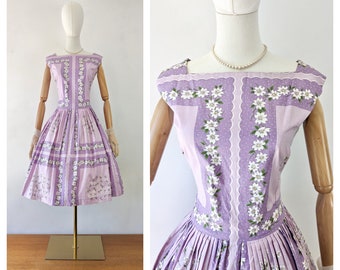 1950s Lilac Floral Cotton Fit & Flare Dress * 1950s Floral Summer Dress * 1950s Vintage Purple Dress * 1950s Polka Dot Dress