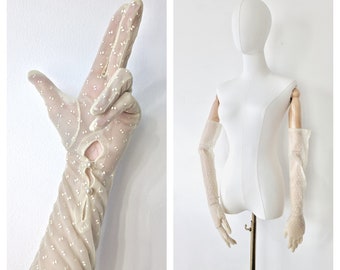 Vintage Long Pale Yellow Sheer Ball Gloves Bow Print * Long Yellow Gloves * Long Pastel Gloves * Bow Print Gloves * Vintage Sheer Gloves