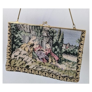 Georgian Country Scene Vintage Tapestry Bag * Limoges Style Bag * Georgian Style Purse * Tapestry Purse * Petit Point Needlepoint Style Bag