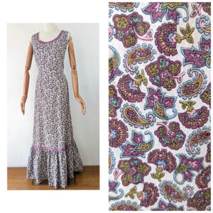 1970s Purple Paisley Print Maxi Dress * 1970s Romantic Ruffle Hem Sleeveless Summer Maxi Dress * Vintage 1970s Purple White Dress