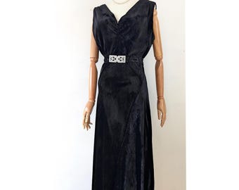 1930s Art Deco Velvet Evening Gown with Silver Rhinestone Belt