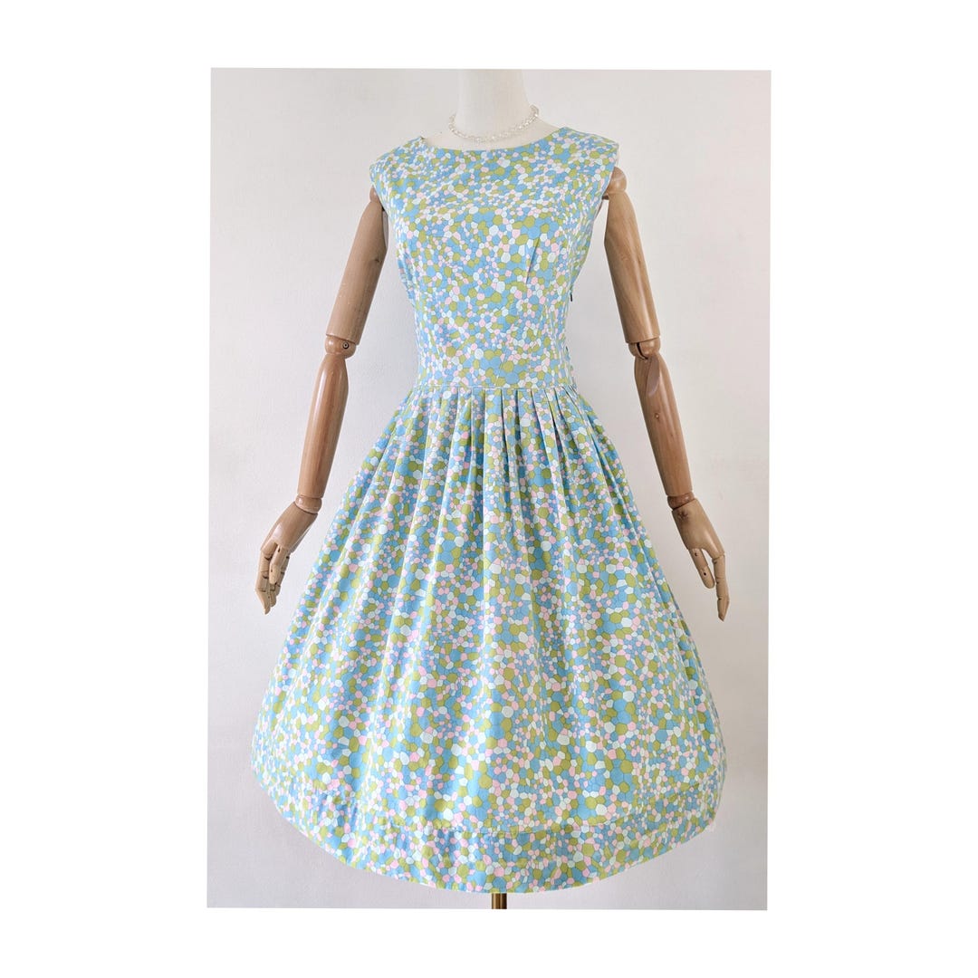 1950s Cotton Blue and Green Geometric Day Dress with Circle Skirt