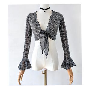 1997 Spider Web Tie Up Cardigan * Vintage 1990s Lettuce Trim Spider Web Lacey Bolero * 90s Whimsigoth Cropped Cardigan * Vintage Spider Web
