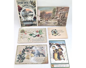 アンティーク 1907 年エドワード朝時代のクリスマスカード：海辺の港と