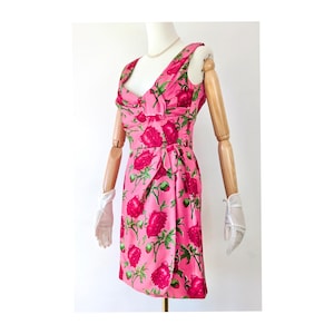 FINAL REDUCTION SALE 1960s Frank Usher Hot Pink Dress with Red Peony Print * Vintage Wedding Guest Dress * 1960s Pink Mini Dress