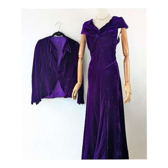 1930s Purple Velvet Evening Gown and Matching Purple Velvet Jacket *  Vintage 1930s Purple Velvet Dress * 1930s Purple Jacket