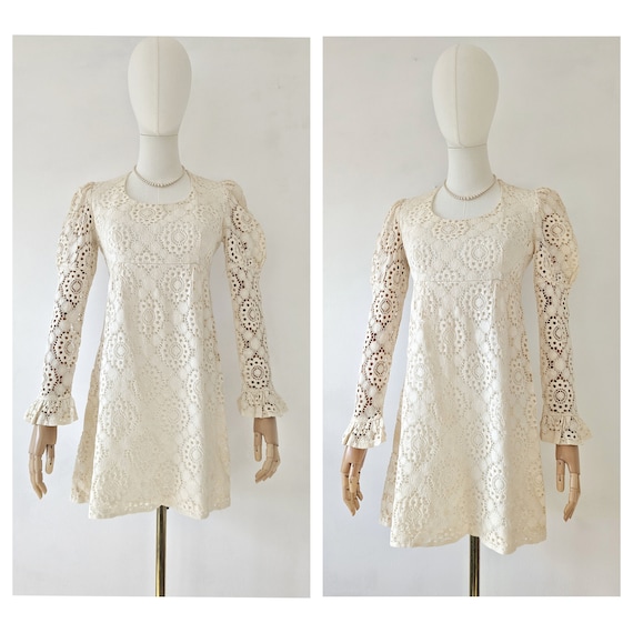 1960s Cream Lace Mini Dress * 1960s White Hippie … - image 1