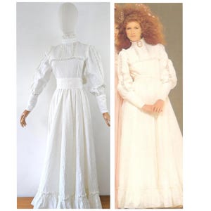 Vintage Laura Ashley White Cotton Prairie Dress with Matching Belt * 1970s White Cotton Maxi Dress * 1970s White Dress Lace Long Sleeves
