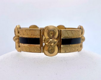 Victorian Etruscan Revival Gold Tone Hinge Bangle * Antique Victorian Gold Bracelet * 1880s Victorian Jewellery * Gold & Black Bangle