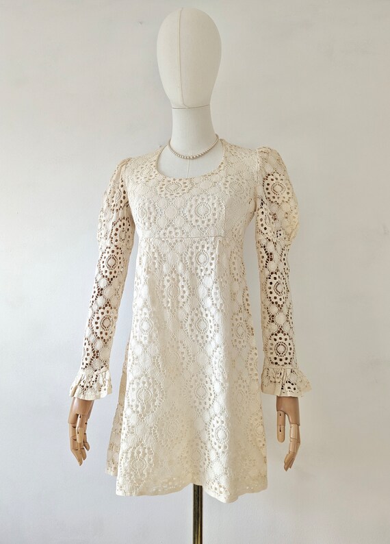 1960s Cream Lace Mini Dress * 1960s White Hippie … - image 3