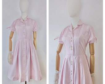 Jaren '50 Cherry Blossom Pink Puff Sleeve Shirtwaister Dress * jaren 1950 Shirt Dress * jaren 1950 Vintage Baby Pink Dress * Vintage Puff Sleeve Dress