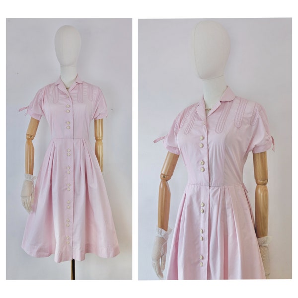 1950s Cherry Blossom Pink Puff Sleeve Shirtwaister Dress * 1950s Shirt Dress * 1950s Vintage Baby Pink Dress * Vintage Puff Sleeve Dress