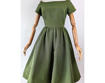 1950s Olive Green Fit and Flare Vintage Dress by Wendy Dresses