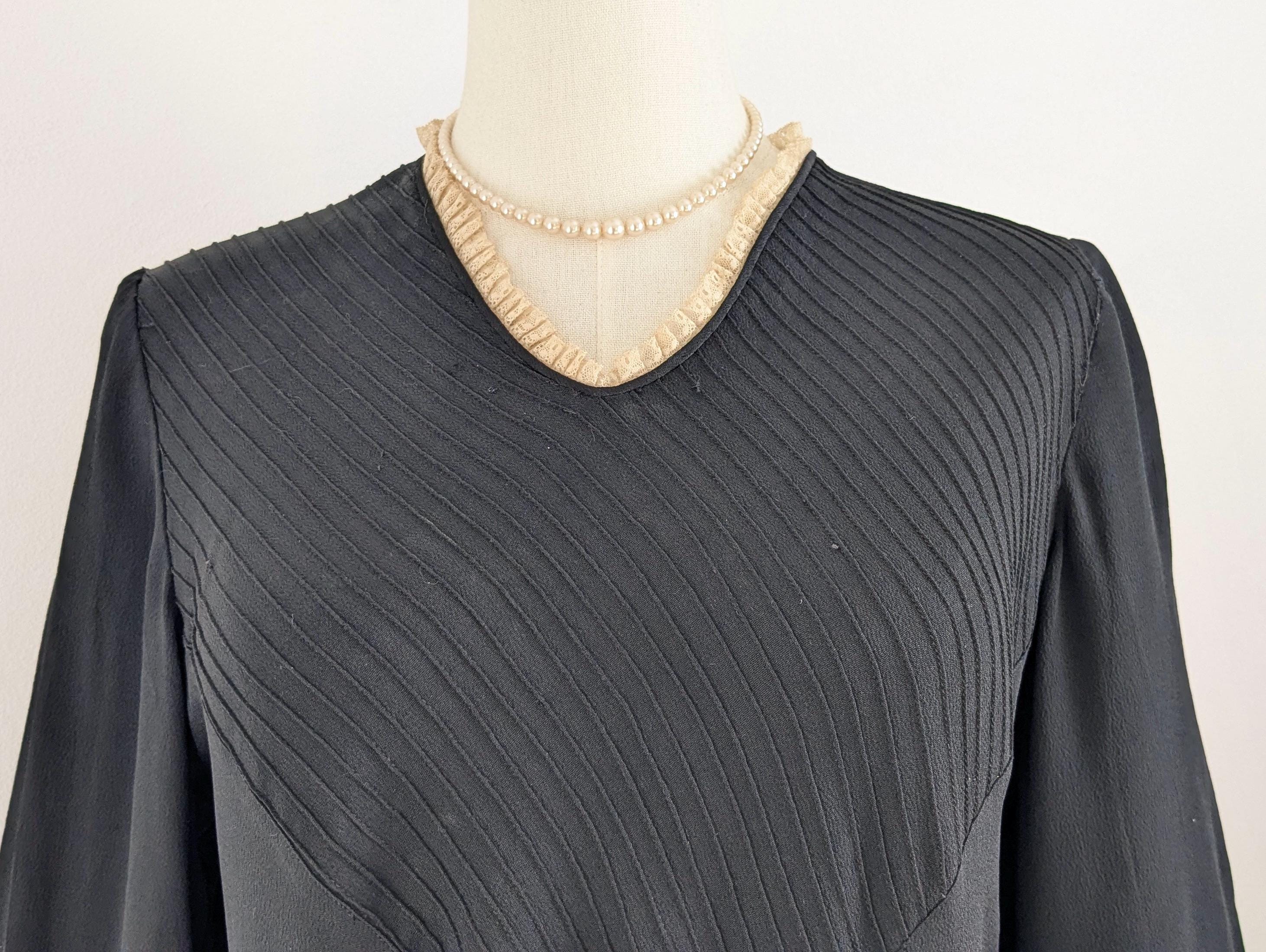 1920s 1930s Black Crepe Dress With Art Deco Details and White Lace ...
