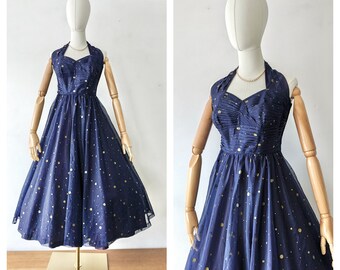 Vintage 1950s Celestial Night Sky Prom Dress * 1950s Halter Neck Bullet Bust Fit & Flare Dress * 1950s Blue Gold Dress * 1950s Evening Dress