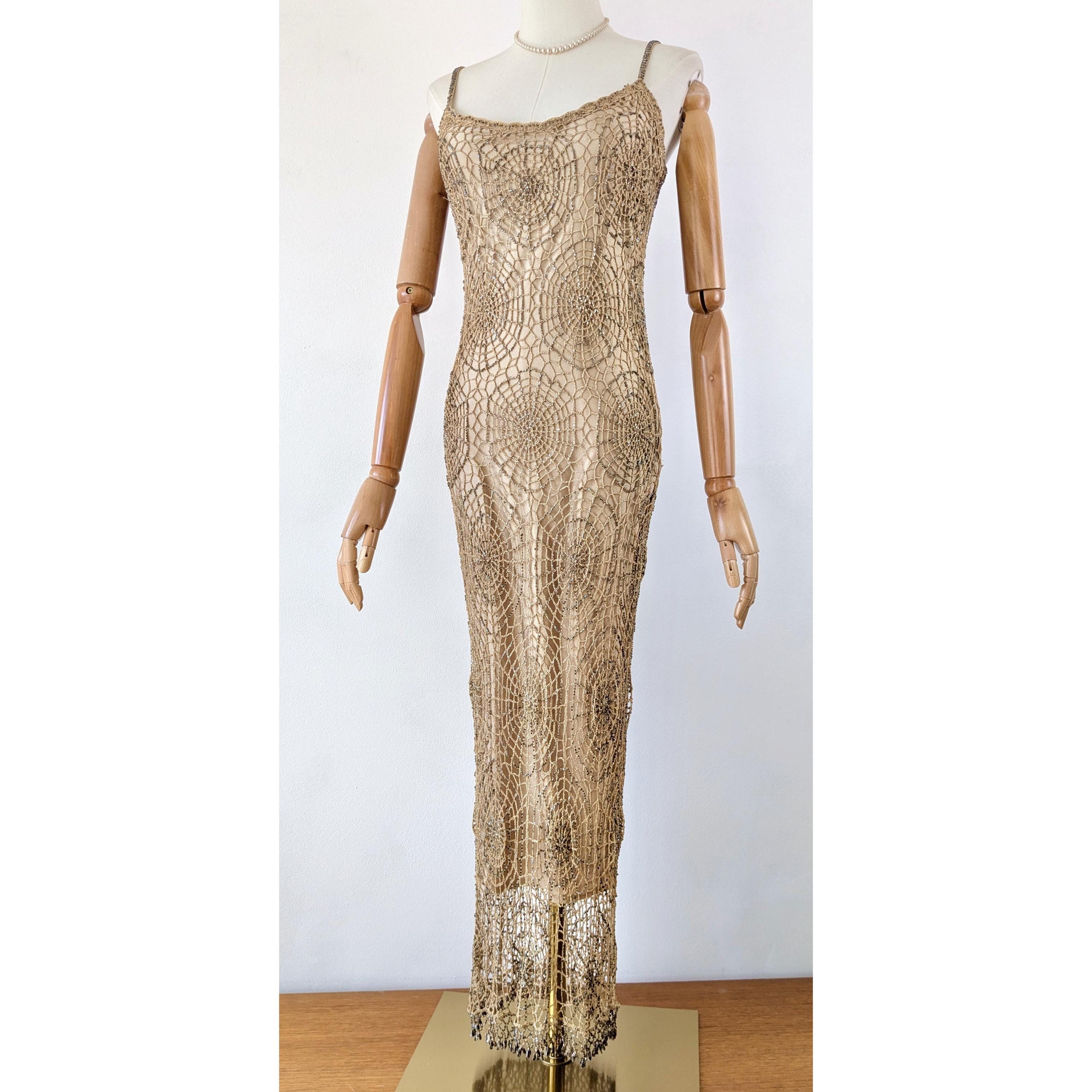 1990s Champagne Gold Beaded Spider Web Dress by Karen Millen * Vintage  Beaded Spider Web Dress * Glamorous Gothic Gold Evening Dress