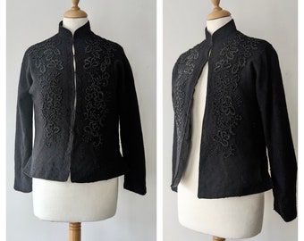 Vintage 1950s Black Wool Beaded Cardigan * Vintage Black Lambswool Cardigan With Black Beading * Black Mandarin Collar Cardigan