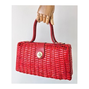 1950s Red Basket Weave Bag * 1950s Bright Red Handbag * Vintage 1950s Red Wicker Purse * 1950s Rockabilly Pin Up Style Red Woven Purse