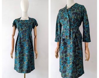 Vintage 1960s vestido verde y chaqueta conjunto abstracto estampado floral de mediados de siglo * Vintage 1950s Aqua Green Teal Suit Set * Traje de invitado de boda