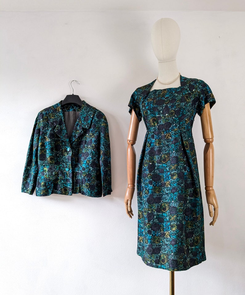 Vintage 1960s Green Dress and Jacket Set Abstract Mid-century Floral ...