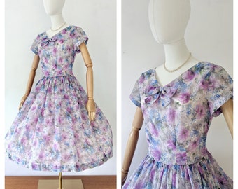 Vintage Sheer Nylon Fit and Flare Floral Dress with Violet Begonias * 1950sVintage Purple Floral Dress * 1950s Vintage Blue Dress