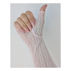 1940s Baby Pink Vintage Fingerless Gloves with Geometric Pattern * Vintage Pink Gloves * Vintage Long Baby Pink Gloves