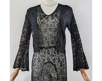 1930s Sheer Black 'Artificial Silk' Lace Dress with Matching Lace Jacket
