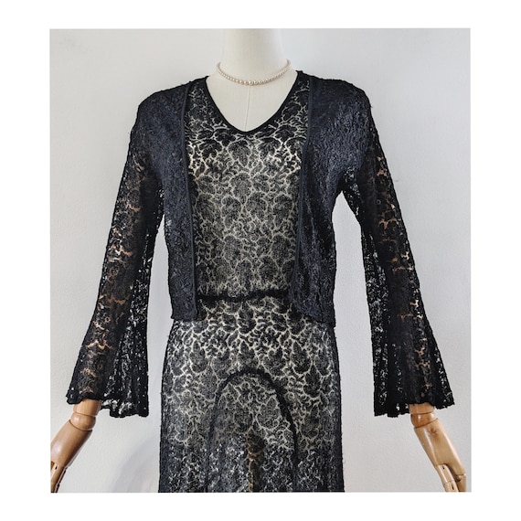 1930s Sheer Black 'Artificial Silk' Lace Dress with Matching Lace Cardigan Jacket