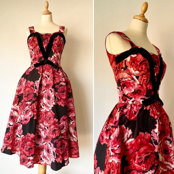 1950s Pink & Red Rose Dress * Vintage 1950s Floral