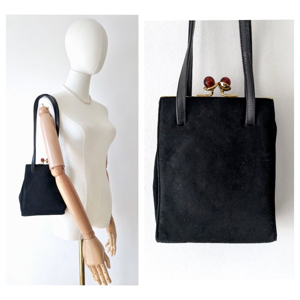1970s does 1940s Black Suede Handbag with Red Plastic Button Clasp * Black Suede Purse * 1970s Hand Bag Purse * Black Suede Shoulder Bag