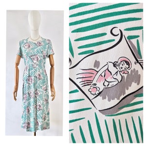 1940s Novelty Print Dress with Romantic Portraits * Goodwood Revival Best Dressed Vintage 1940s Dress * Vintage 1940s Green and Pink Dress