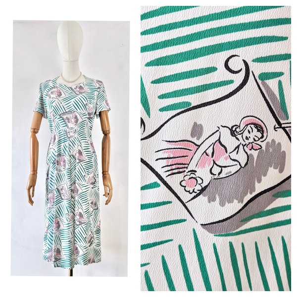 1940s Novelty Print Rayon Summer Dress * 1940s White Dress with Fashionable Ladies Novelty Print * 1940s Vintage Green and Pink Dress