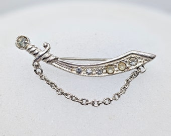 Vintage 1940s Diamanté Scimitar Sword with Chain Brooch * Vintage 1940s Sword Brooch * Vintage Silver Sword Jewellery