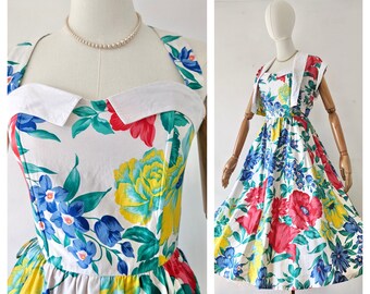 1980s Tropical Sundress with Matching Bolero * Vintage 1980s does 1950s Fit & Flare Sun Dress with Jacket * Vintage Hawaiian Tiki Dress