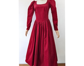 1980s Romantic Red Needlecord Midi Dress with Leg of Mutton Puff Sleeves