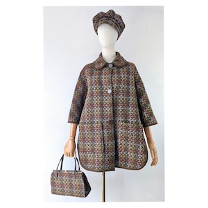 Welsh Wool Cape Coat with Matching Bag and Hat * Vintage Welsh Wool Eclipse Tapestry Cape Brown Rainbow * Welsh Wool Set Hat Bag and Cape