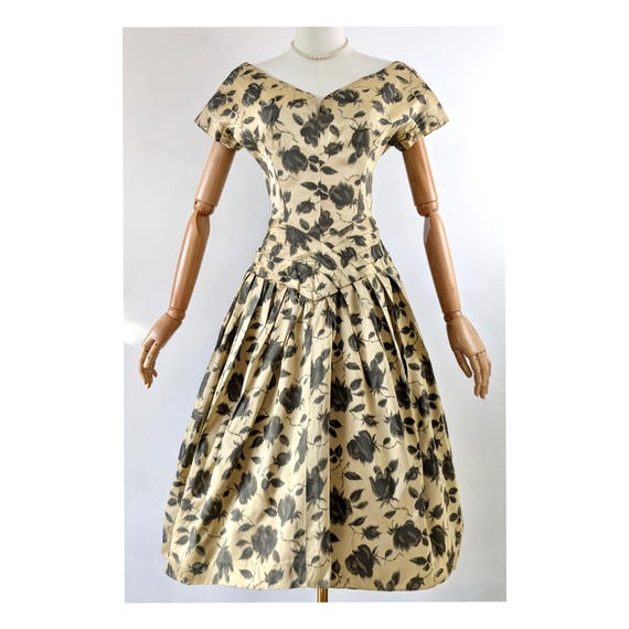 frank usher evening dress Vintage 1950s Frank Usher Ball Gown - Black Velvet & Rose Print Silk, UK 8